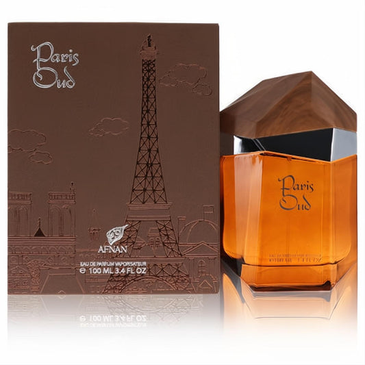 Exotic Afnan Paris Oud 3.4 oz perfume. Amber faceted bottle with elegant wood cap, beside its embossed Eiffel Tower brown box.