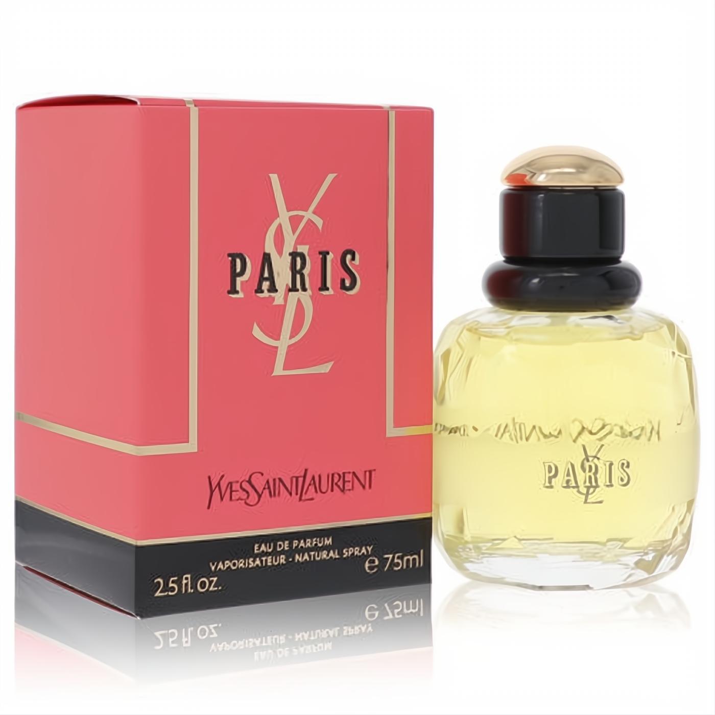 YSL Paris 2.5 oz Eau De Parfum spray. Golden liquid in a clear, sculpted bottle with black and gold accents, beside its vibrant coral box.
