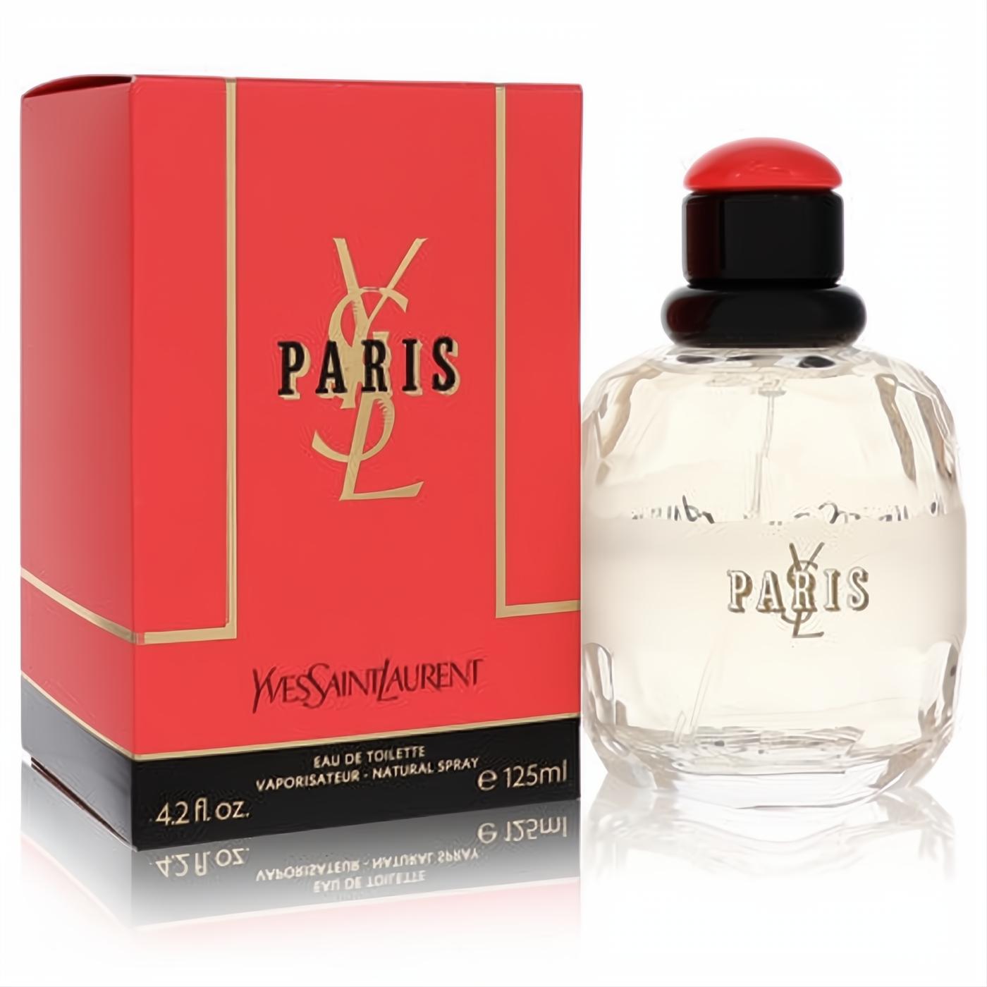 YSL Paris 4.2 oz EDT: iconic faceted glass bottle with vibrant red cap, beside its luxurious red and gold box.