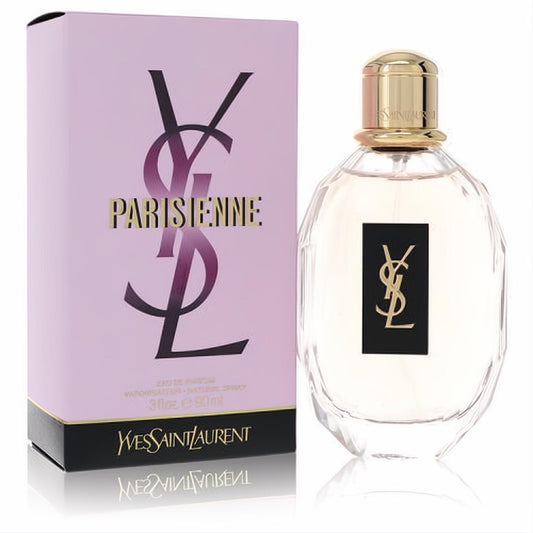 YSL Parisienne 3 oz Eau De Parfum: elegant clear faceted bottle with gold cap & black YSL label, next to its signature pink box.