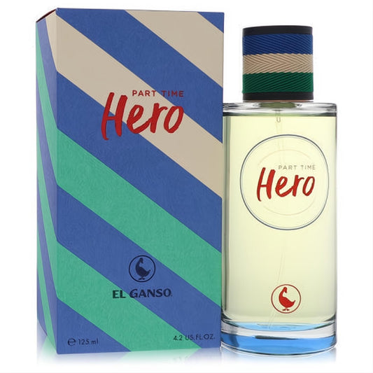 El Ganso Part Time Hero 4.2 oz men's EDT. Clear bottle with bold red 'Hero' text, vibrant blue, green, beige striped cap & matching box.