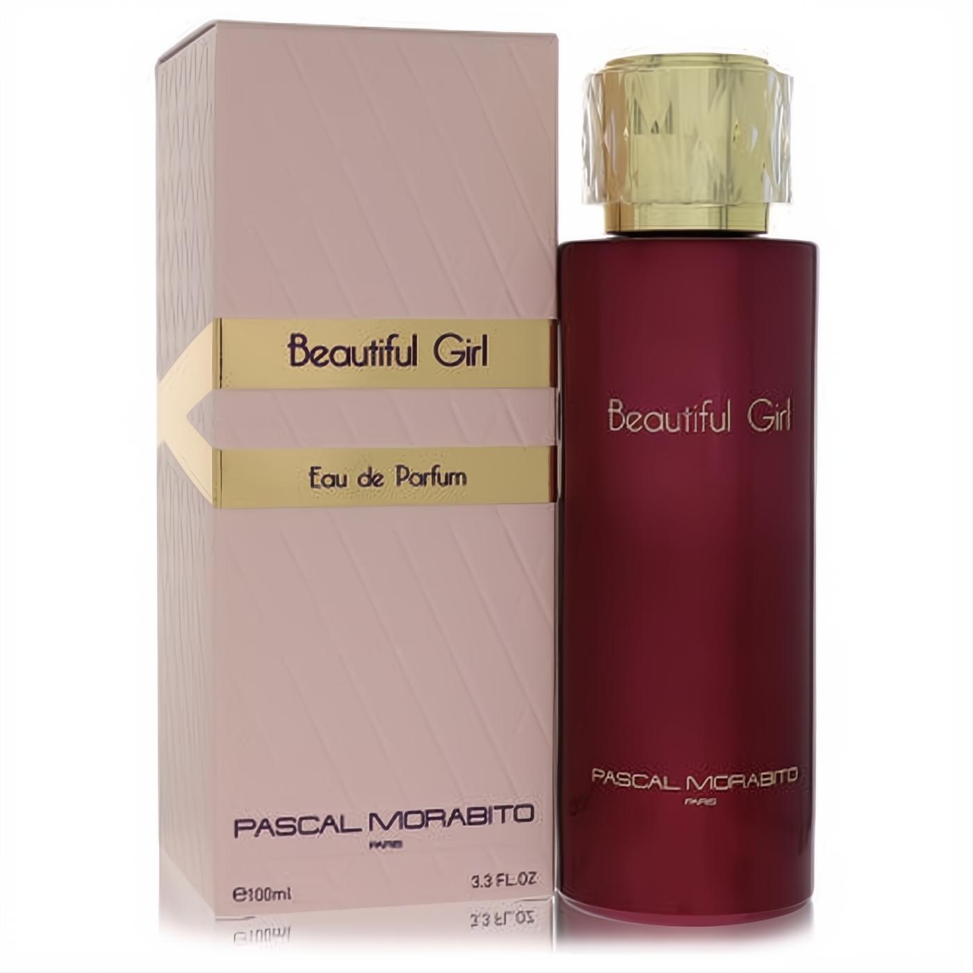 Pascal Morabito Beautiful Girl 3.3 oz women's Eau de Parfum. Deep burgundy bottle with a luxurious gold cap, next to its blush pink and gold box.