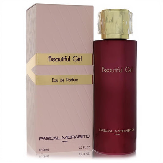 Pascal Morabito Beautiful Girl 3.3 oz women's Eau de Parfum. Deep burgundy bottle with a luxurious gold cap, next to its blush pink and gold box.