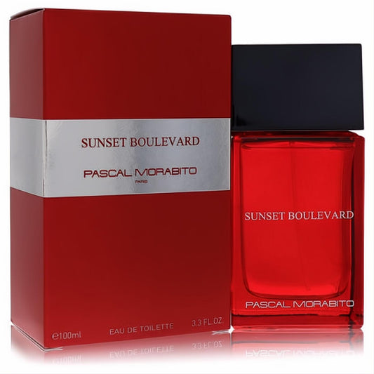 Vibrant red Pascal Morabito Sunset Boulevard Eau De Toilette 3.3 oz spray bottle with a sleek black cap and elegant matching packaging.