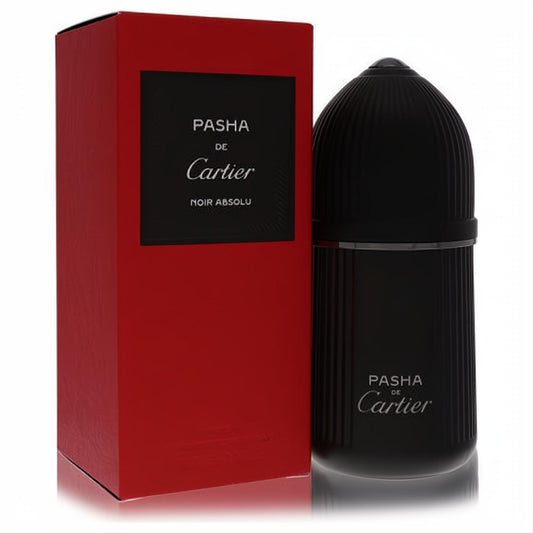 Pasha De Cartier Noire Absolu men's parfum spray. Sleek black 3.3 oz bottle with ribbed cap and vibrant red box.