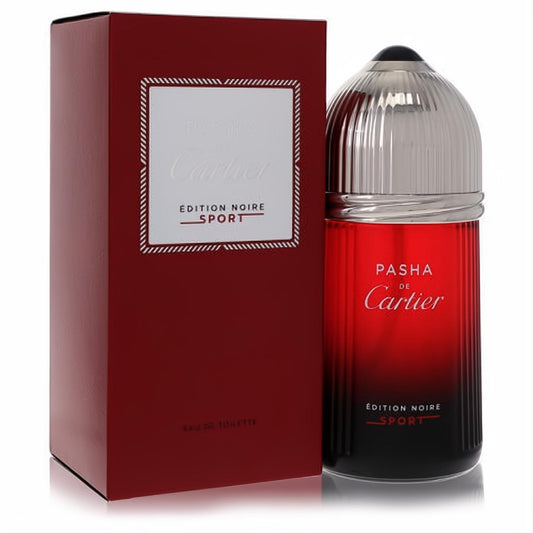 Pasha de Cartier Noire Sport men's 3.3 oz EDT. Bold red-to-black gradient bottle, sleek silver cap, and matching elegant red box.