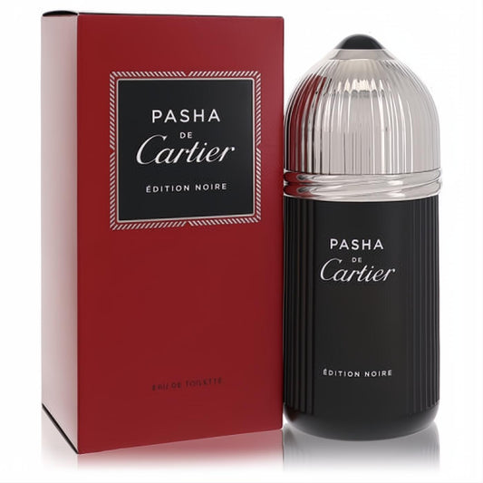 Cartier Pasha De Cartier Noire men's Eau De Toilette. Sleek black bottle, silver ribbed cap, and luxurious red box.