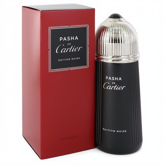 Pasha de Cartier Noire men's EDT spray. Luxurious black bottle, unique silver ribbed cap, and elegant red box.