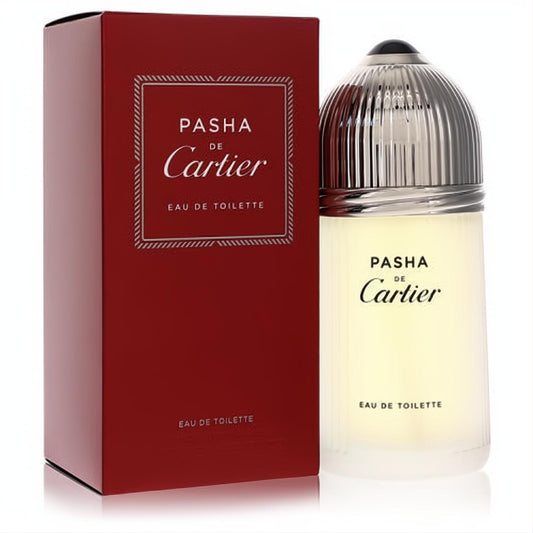 Pasha De Cartier men's 3.3 oz EDT spray. Elegant frosted bottle with a distinctive ribbed silver cap and luxurious red box.