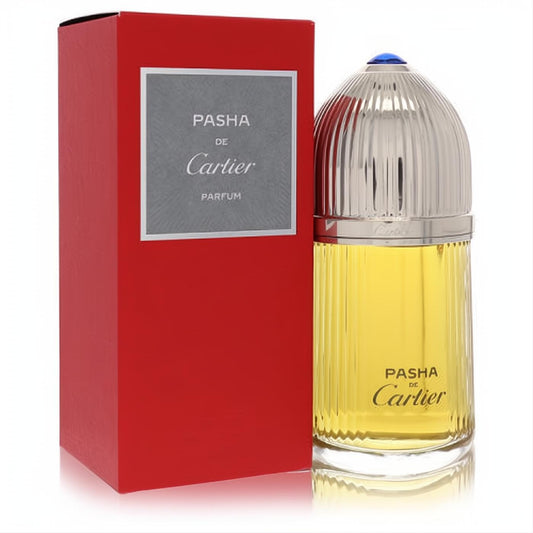 Pasha De Cartier men's parfum spray. Elegant clear bottle with golden liquid, silver ribbed cap, blue gem, and bold red box.
