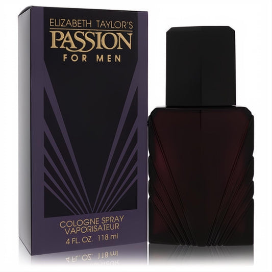Refined Elizabeth Taylor's Passion For Men 4 oz cologne. Dark, faceted glass bottle with a black cap, next to its striking black and gold box.