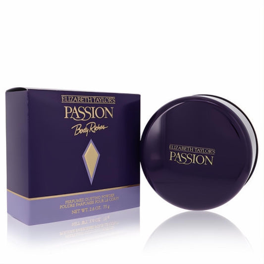 Elizabeth Taylor's Passion Body Riches 2.6 oz dusting powder. Luxurious deep purple box and round compact with gold accents.
