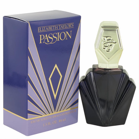 Luxurious Elizabeth Taylor's Passion 1.5 oz EDT spray. Dark, fan-shaped bottle with elegant gold cap, beside a vibrant purple Art Deco box.