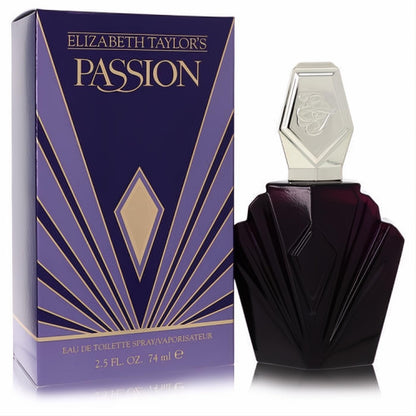 Iconic Elizabeth Taylor's Passion 2.5 oz EDT. Deep purple Art Deco bottle, silver ET monogram cap, and elegant matching box.
