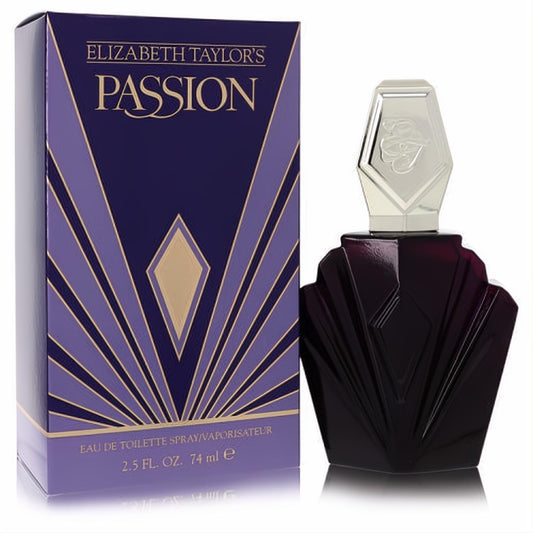 Iconic Elizabeth Taylor's Passion 2.5 oz EDT. Deep purple Art Deco bottle, silver ET monogram cap, and elegant matching box.