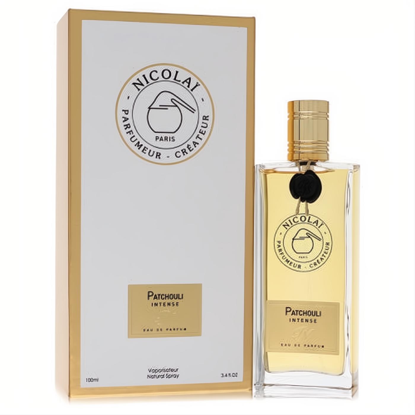 Experience Nicolai Patchouli Intense 3.4 oz unisex EDP. Luxurious clear glass bottle with gold cap and elegant white & gold box.