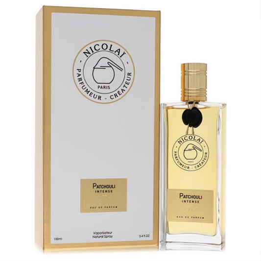 Experience Nicolai Patchouli Intense 3.4 oz unisex EDP. Luxurious clear glass bottle with gold cap and elegant white & gold box.