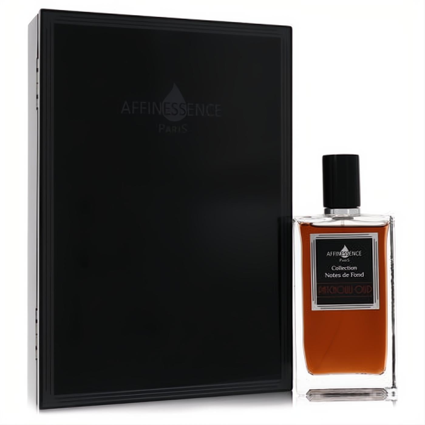 Affinessence Patchouli Oud 3.4 oz unisex EDP. Clear glass bottle with rich amber liquid, silver label, black cap, and sleek black gift box.