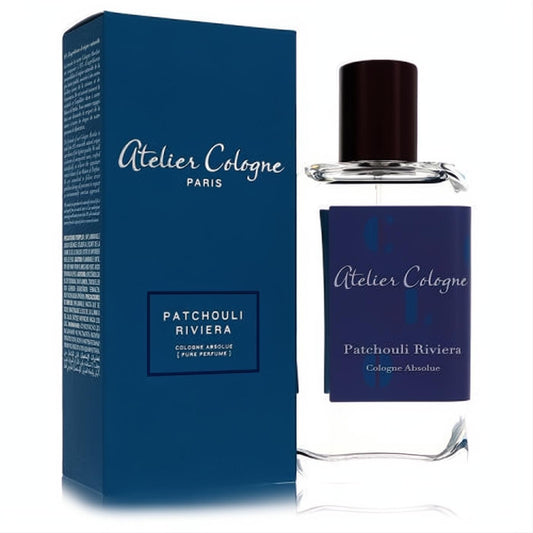 Atelier Cologne Patchouli Riviera Pure Perfume. Elegant clear glass bottle with dark blue label and matching box.