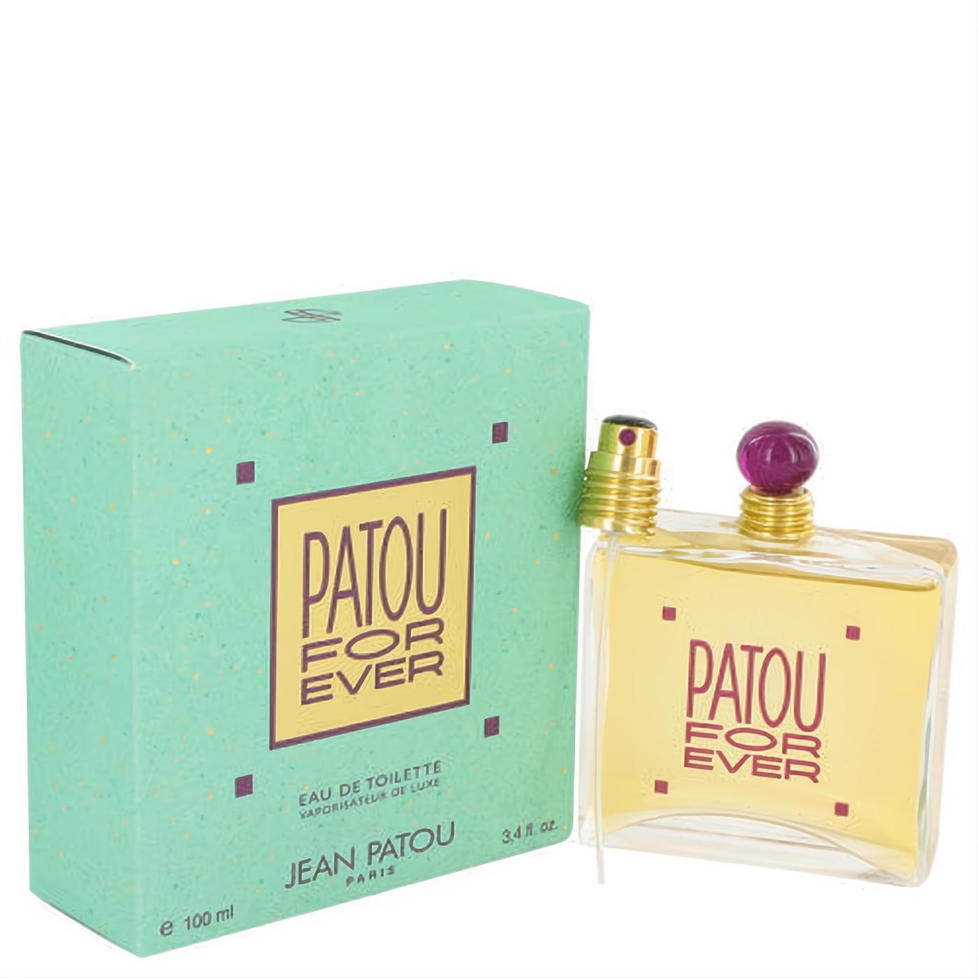 Patou Forever 3.4 oz EDT. Clear glass bottle with vibrant yellow fragrance, gold sprayer, purple cap, and mint green box.