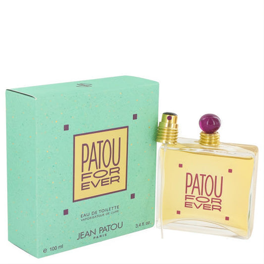Patou Forever 3.4 oz EDT. Clear glass bottle with vibrant yellow fragrance, gold sprayer, purple cap, and mint green box.
