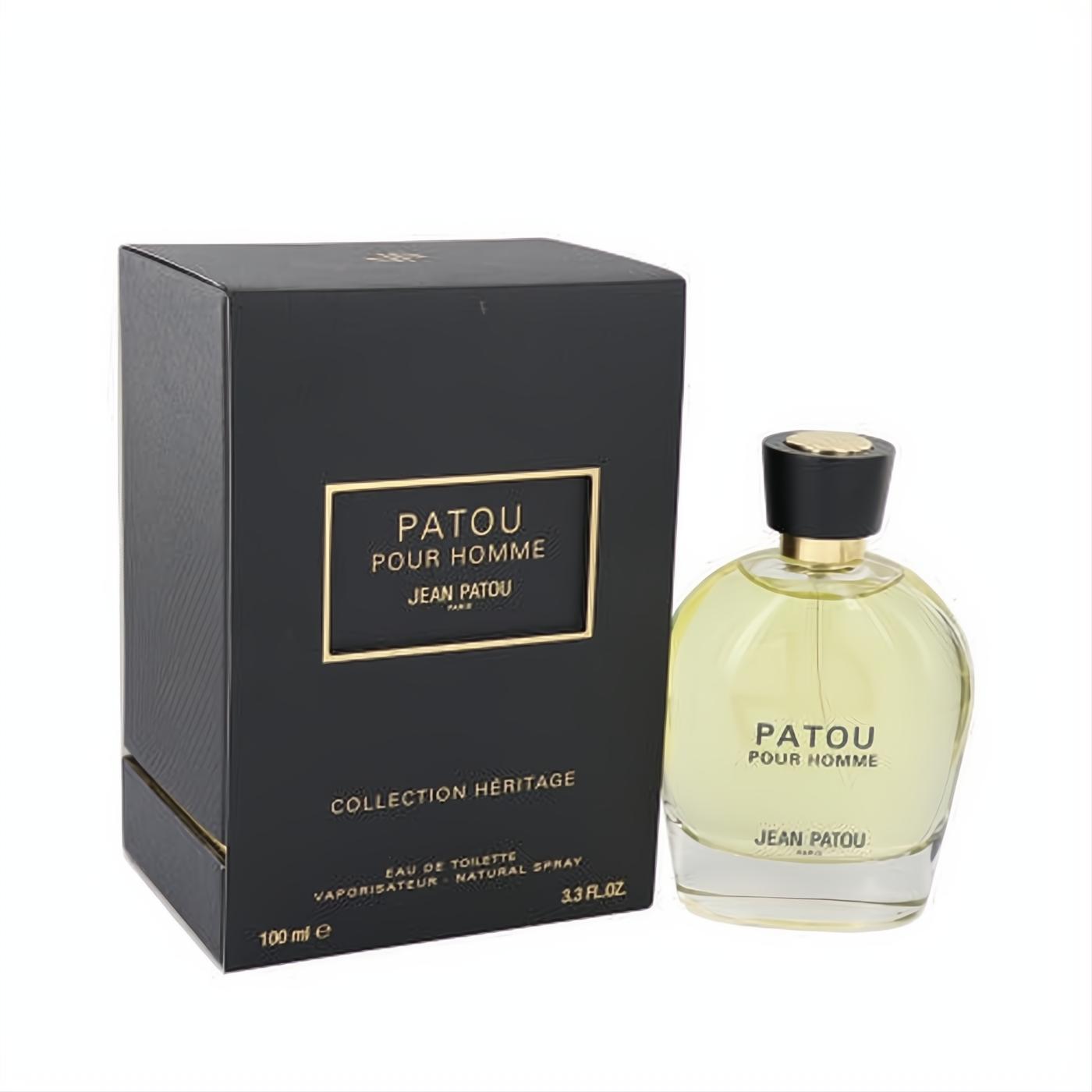 Luxurious Patou Pour Homme 3.3 fl.oz. EDT spray in a clear glass bottle with black cap, beside its elegant matte black and gold Heritage Collection box.