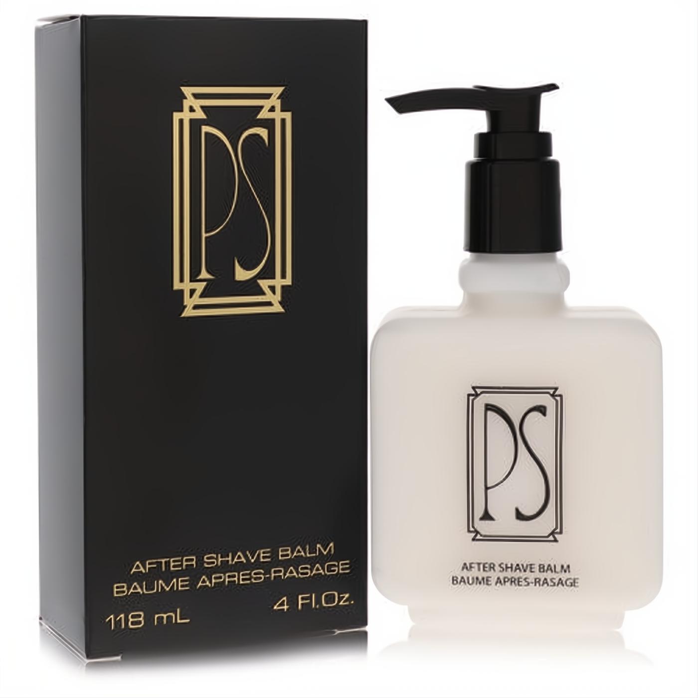 Paul Sebastian After Shave Balm 4 oz in a sleek white pump bottle next to its elegant black and gold box.