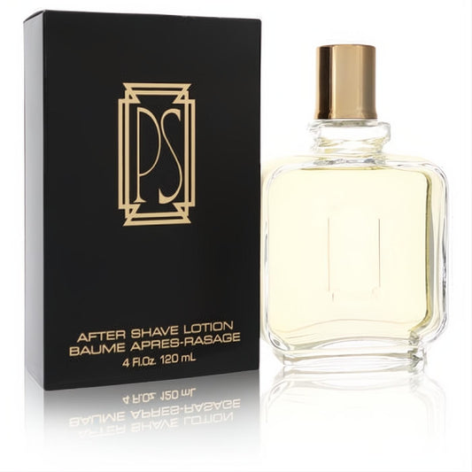 Paul Sebastian 4 oz After Shave Lotion: elegant clear glass bottle with gold cap and sophisticated black box with gold art deco PS logo.