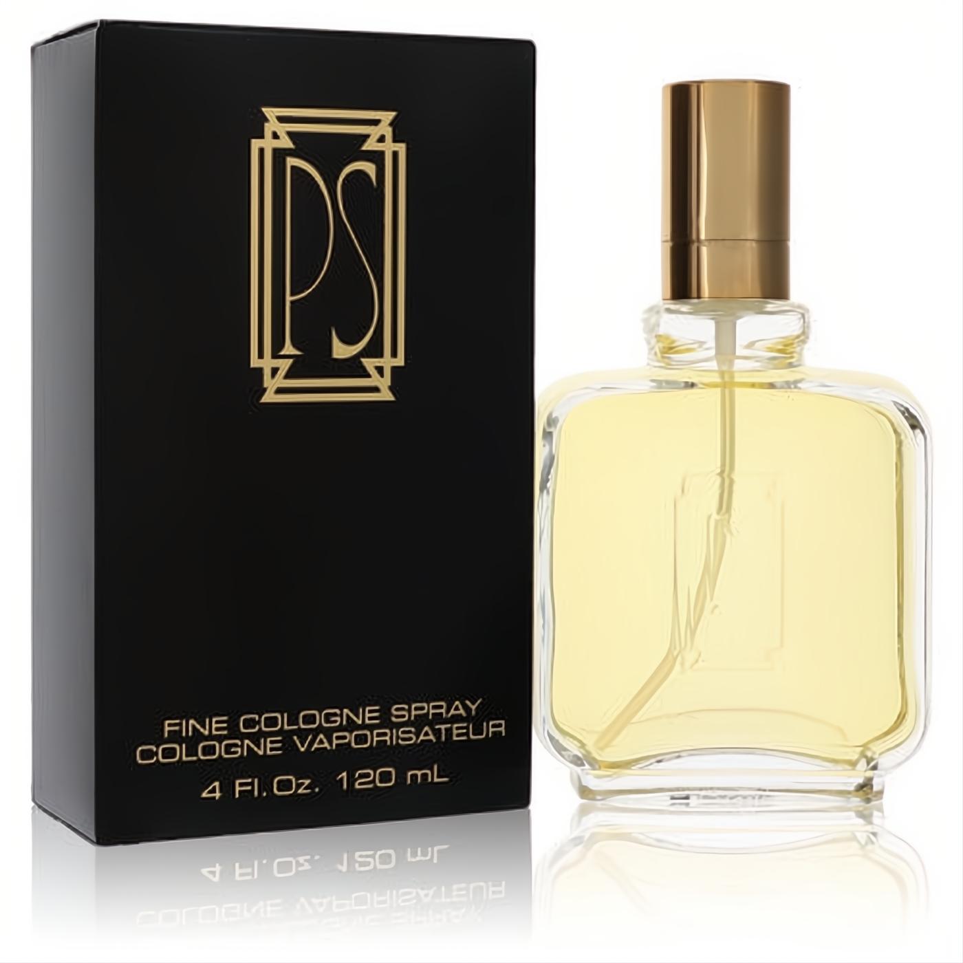 Paul Sebastian men's 4 oz cologne spray: elegant clear glass bottle with gold cap, next to its sophisticated black box with gold PS logo.