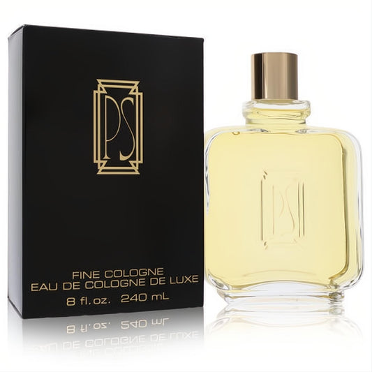Elegant Paul Sebastian Fine Cologne 8 oz clear glass bottle with gold cap, next to its luxurious black box featuring a gold PS logo.