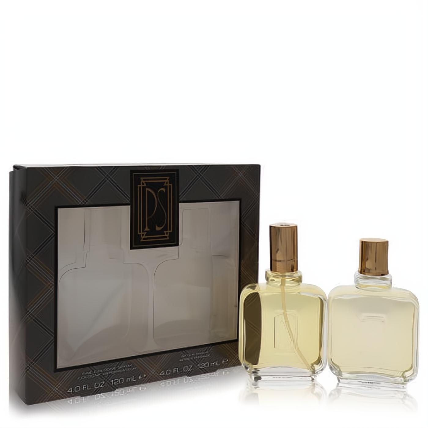 Paul Sebastian men's 4 oz cologne & after shave gift set. Two clear glass bottles with golden caps, in a dark, elegant patterned box.