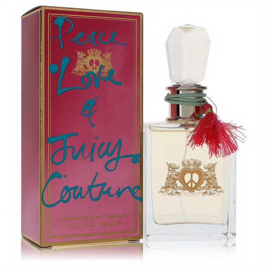 Peace Love & Juicy Couture 3.4 oz EDP. Clear bottle with gold emblem, white cap, and vibrant red tassel. Iconic pink box.