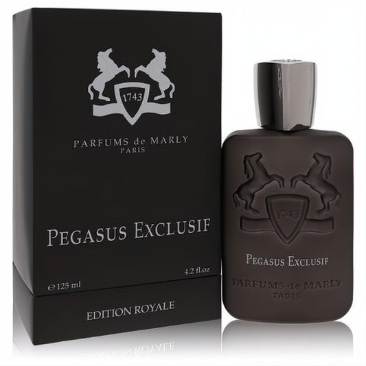 Experience Pegasus Exclusif 4.2 oz EDP. Matte dark brown bottle with embossed crest, silver cap, and elegant matching box.