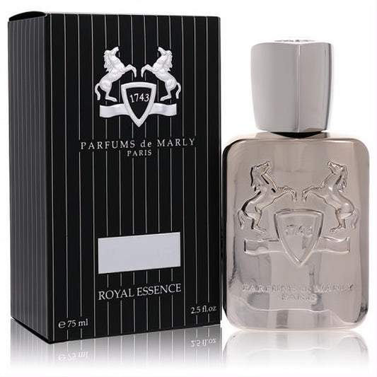 Luxurious Parfums de Marly Pegasus 2.5 oz EDP. Sleek silver bottle with embossed crest, next to a black striped box.
