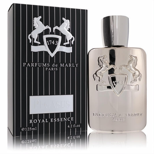 Experience luxury with Parfums de Marly Pegasus 4.2 oz unisex fragrance. Silver bottle, equestrian crest, elegant striped box.