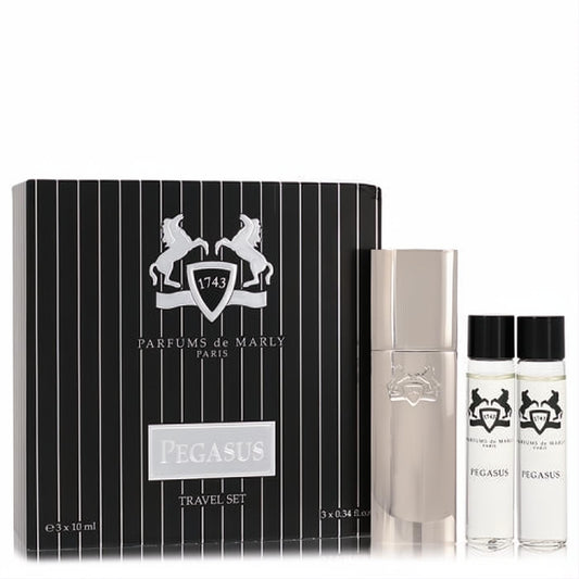 Pegasus by Parfums de Marly men's travel set: striped black box, sleek silver refillable spray, and two 0.34 oz fragrance vials.