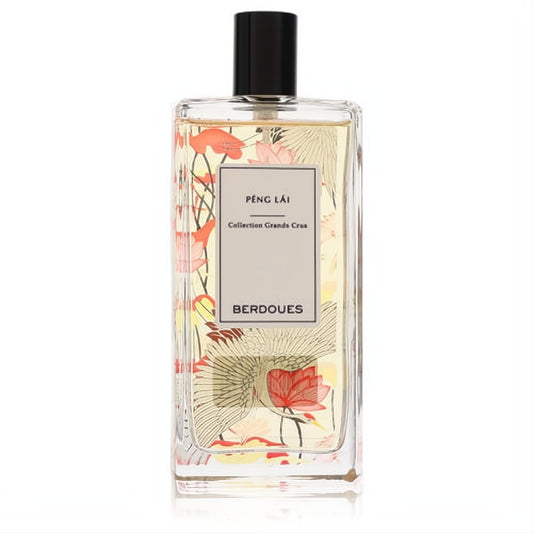 Captivating Berdoues Peng Lai women's EDP spray. Clear glass bottle adorned with vibrant red floral and crane artwork, black cap.