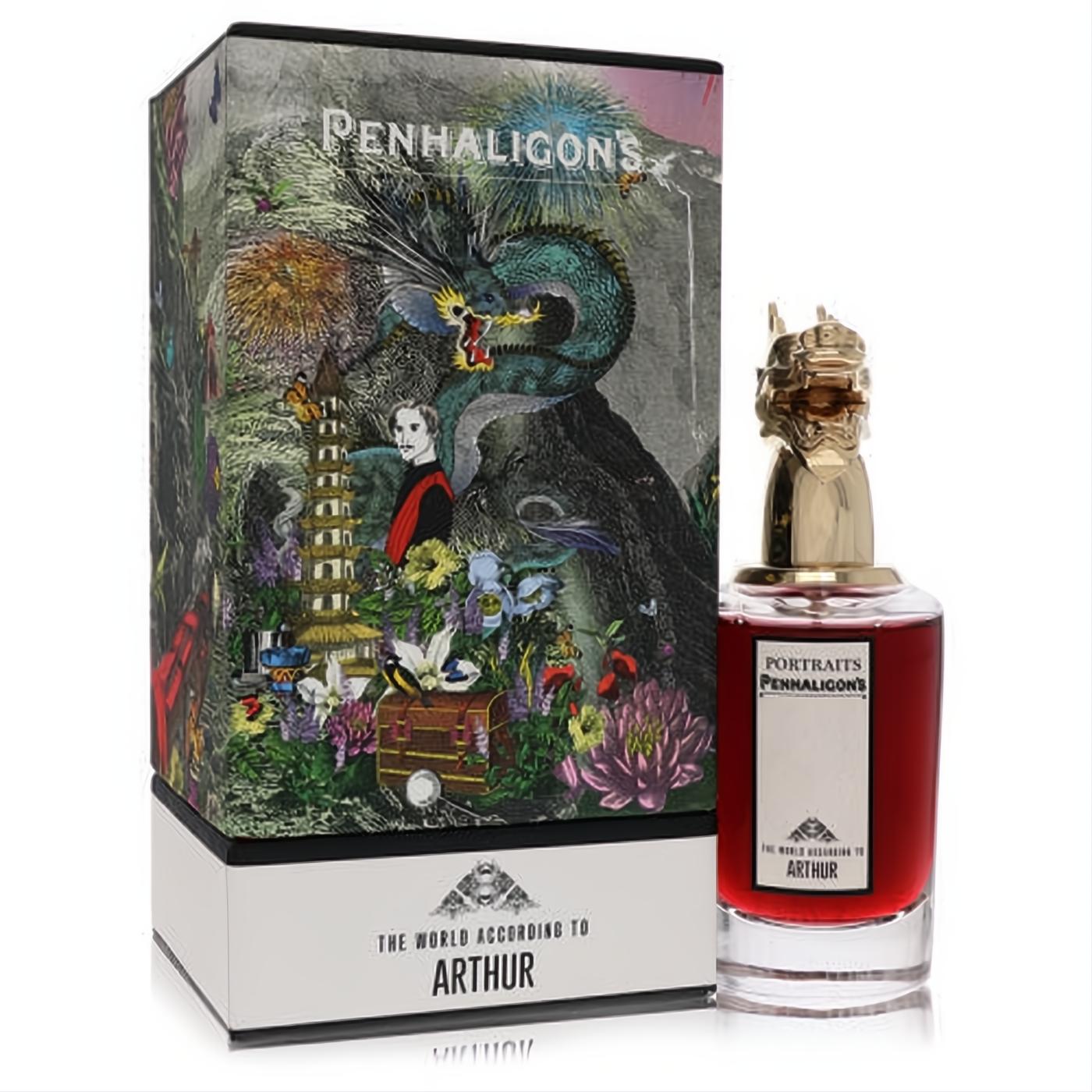 Penhaligon's Arthur 2.5 oz EDP. Unique gold dragon cap, captivating red fragrance, and a richly illustrated collector's box.