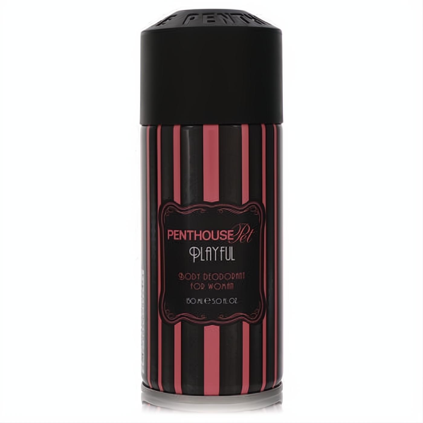 Penthouse Playful 5 oz women's body deodorant spray. Black can with bold pink stripes and an elegant label.