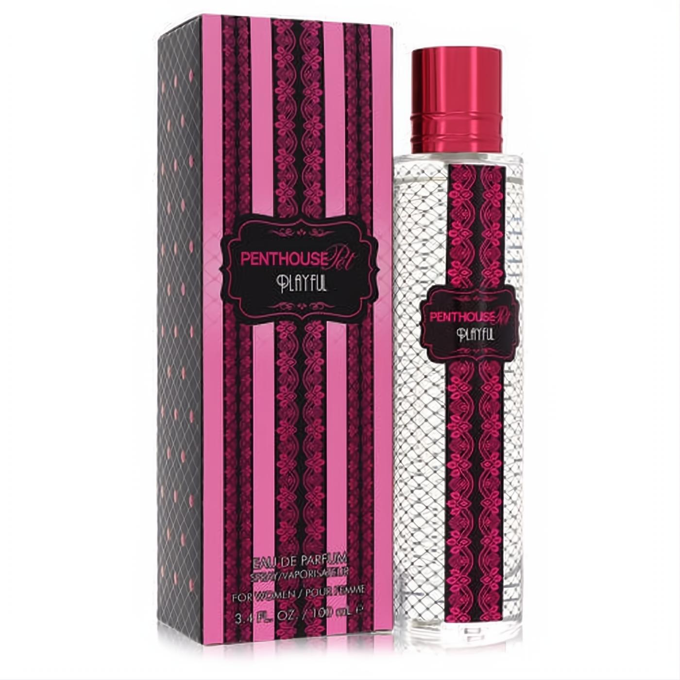 Penthouse Playful 3.4 oz EDP for women. Clear bottle with alluring pink lace design, vibrant magenta cap, and matching box.