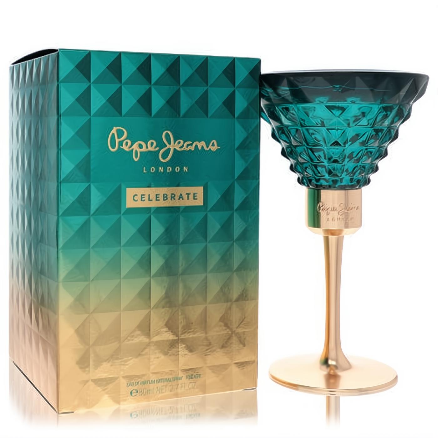 Elegant Pepe Jeans Celebrate 2.7 oz women's perfume. Teal faceted cocktail glass bottle with a luxurious gold stem, next to its matching box.