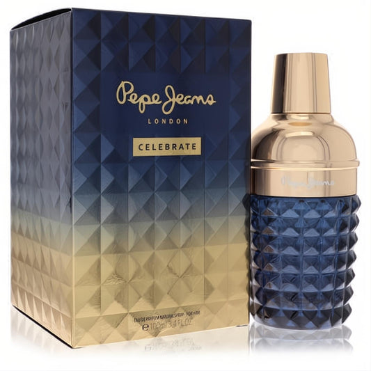 Elevate your scent with Pepe Jeans Celebrate men's EDP, 3.4 oz. Dark blue faceted bottle, gold shaker cap, and matching luxurious box.
