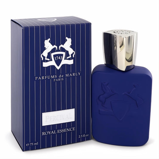 Elegant Percival Royal Essence 2.5 oz Eau De Parfum in a matte navy blue bottle with silver cap and matching striped box.
