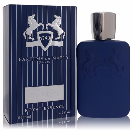 Luxurious Percival Royal Essence 4.2 oz EDP. Matte navy blue bottle with silver cap and embossed horse logo, beside its elegant striped box.