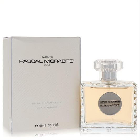 Perle D'argent Pascal Morabito 3.3 oz EDP. Exquisite clear textured glass bottle, golden fragrance, silver label, and elegant white box.