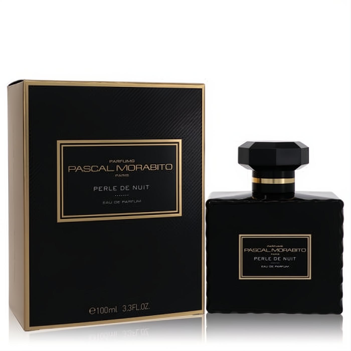 Luxurious Perle De Nuit Pascal Morabito 3.4 oz EDP in a sleek black bottle with gold trim and faceted cap, next to its matching box.