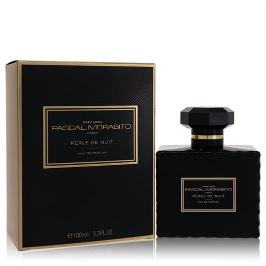 Luxurious Perle De Nuit Pascal Morabito 3.4 oz EDP in a sleek black bottle with gold trim and faceted cap, next to its matching box.