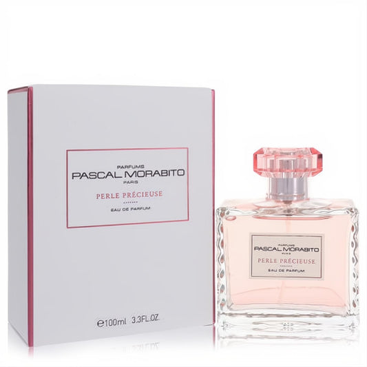 Perle Precieuse Pascal Morabito 3.3 oz EDP. Clear glass bottle with soft pink perfume, faceted jewel-like cap, and elegant white box.