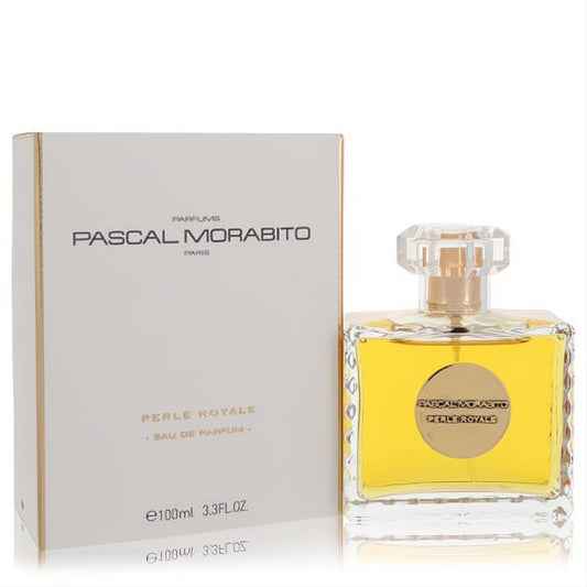Perle Royale by Pascal Morabito 3.3 oz EDP. Elegant clear glass bottle with radiant gold liquid, faceted cap, and white box.
