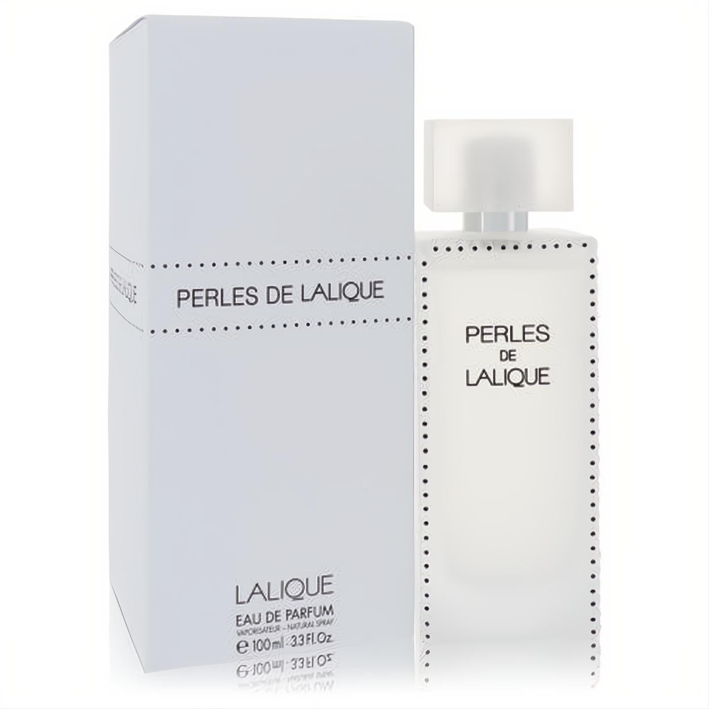 Lalique Perles De Lalique 3.3 oz Eau De Parfum. Elegant frosted glass bottle with distinctive black dot design.